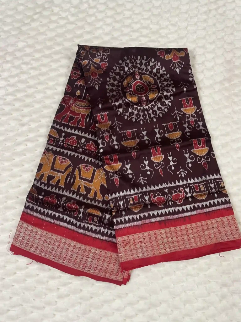 Chocolate Brown Sambalpuri Ikat Silk Saree with Tribal Life Motifs