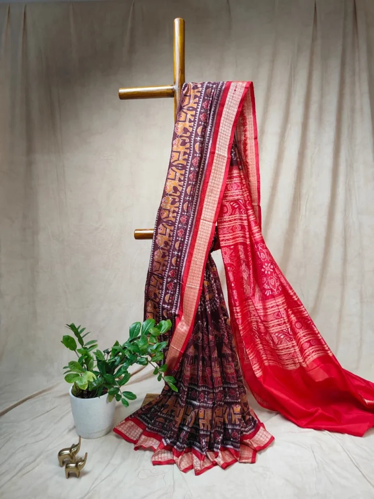 Chocolate Brown Sambalpuri Ikat Silk Saree with Tribal Life Motifs