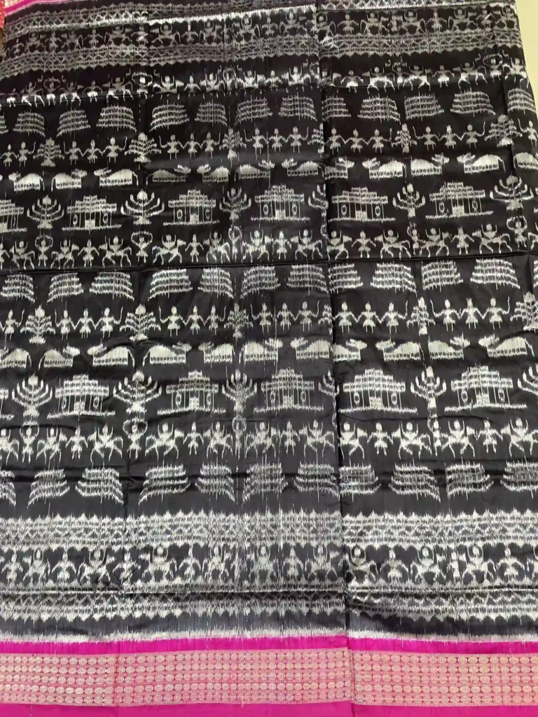 Black Sambalpuri Silk Saree with Tribal Life Motifs