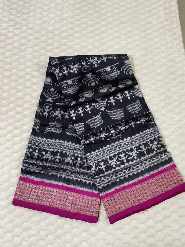Black Sambalpuri Silk Saree with Tribal Life Motifs