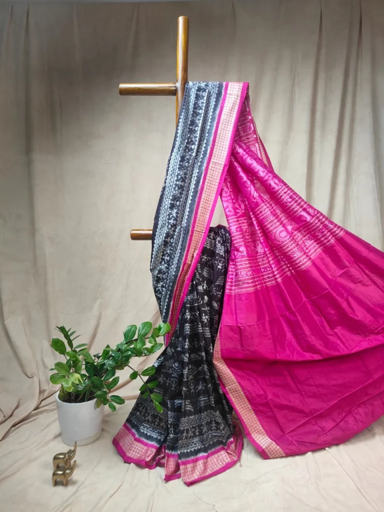 Black Sambalpuri Silk Saree with Tribal Life Motifs