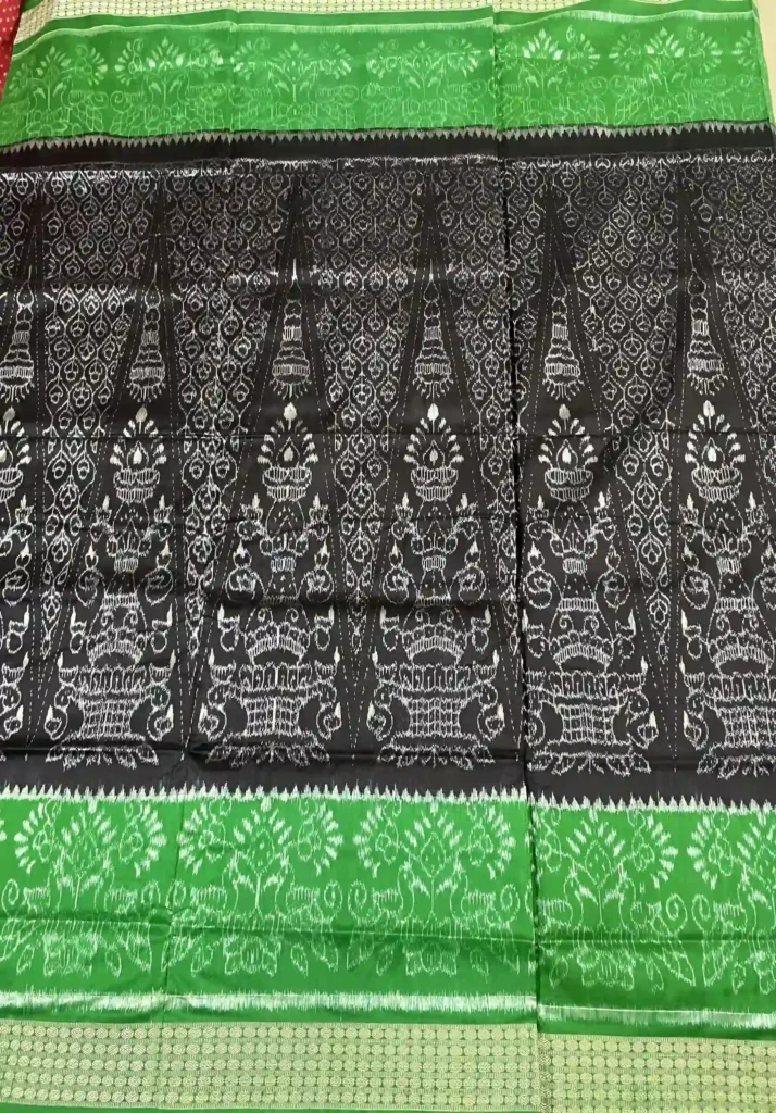 Black Sambalpuri Silk Saree with Chandelier and Diya Stand Motifs