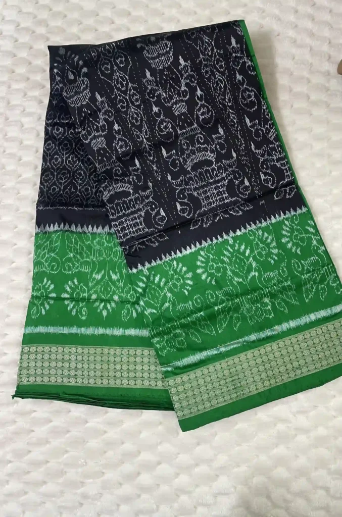 Black Sambalpuri Silk Saree with Chandelier and Diya Stand Motifs