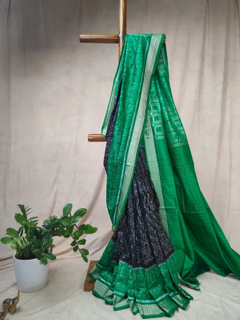 Black Sambalpuri Silk Saree with Chandelier and Diya Stand Motifs