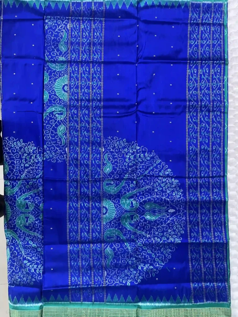 Royal Blue Sambalpuri Silk Saree with Peacock Motifs - Half Tissue