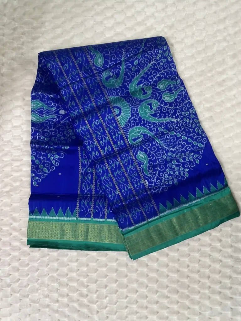 Royal Blue Sambalpuri Silk Saree with Peacock Motifs - Half Tissue
