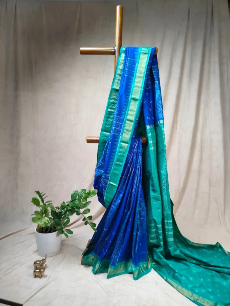 Royal Blue Sambalpuri Silk Saree with Peacock Motifs - Half Tissue