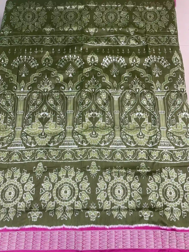 Olive Green Sambalpuri Silk Saree with Peacock Motifs
