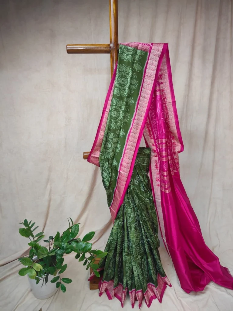 Olive Green Sambalpuri Silk Saree with Peacock Motifs