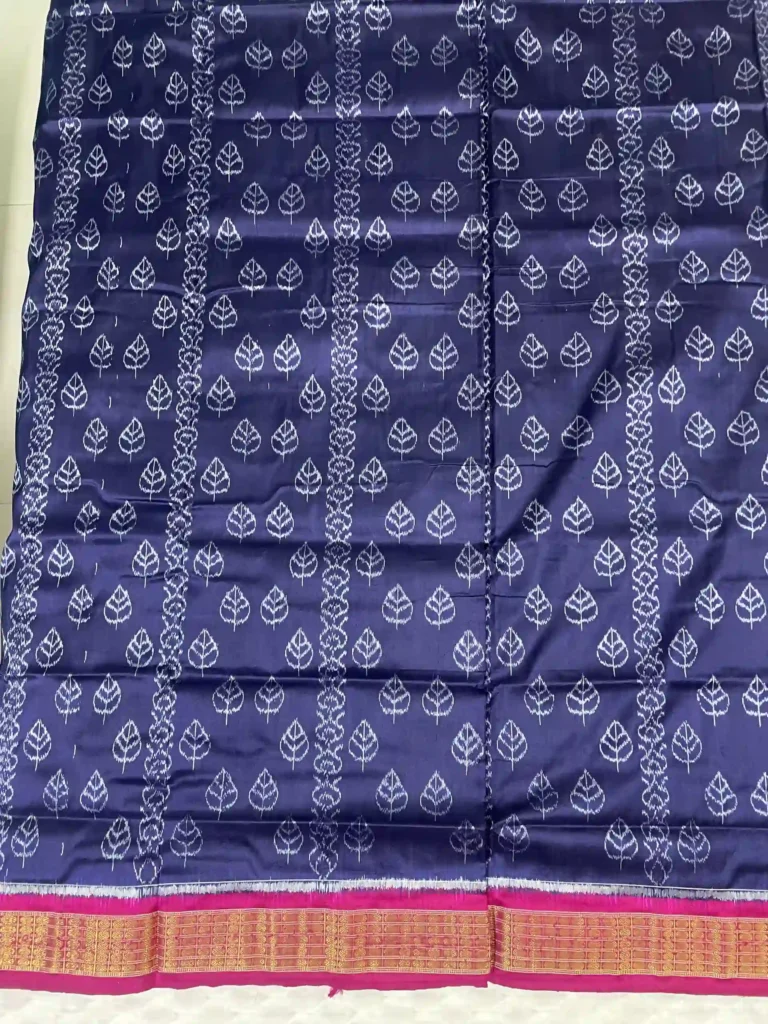 Midnight Blue Sambalpuri Ikat Saree with Leaf Motifs - Half Tissue