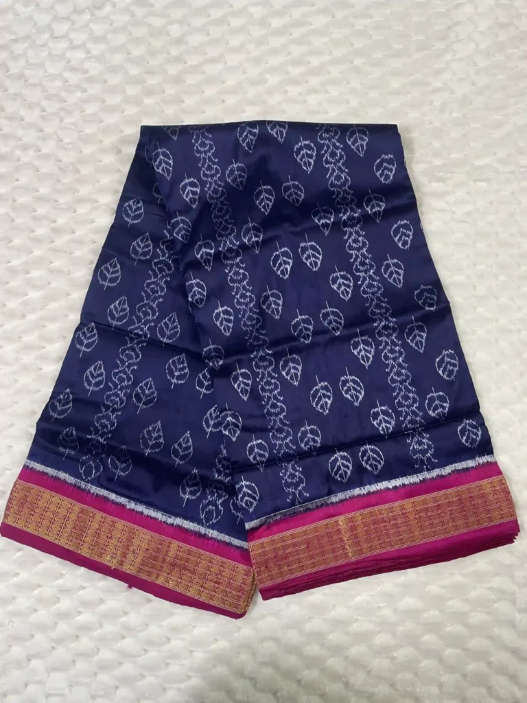Midnight Blue Sambalpuri Ikat Saree with Leaf Motifs - Half Tissue