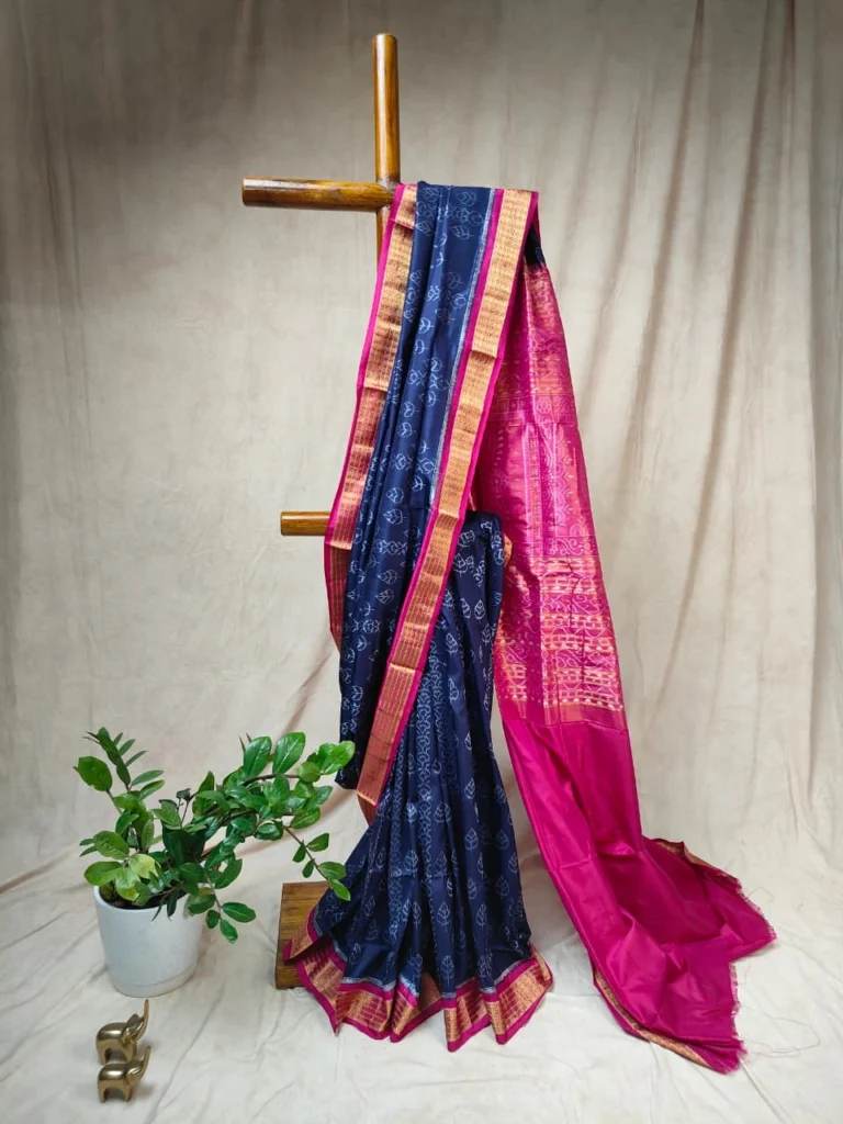 Midnight Blue Sambalpuri Ikat Saree with Leaf Motifs - Half Tissue