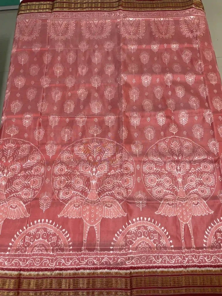 Terracotta Red Sambalpuri Silk Saree with Peacock Feather Motifs - Half Tissue