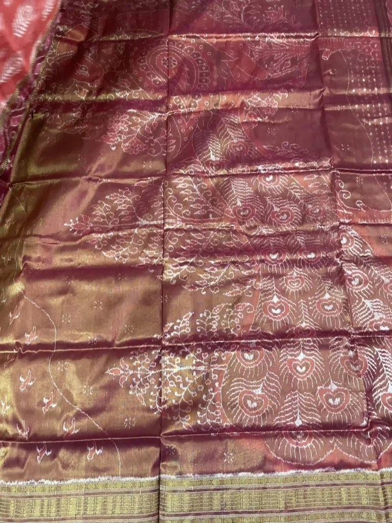 Terracotta Red Sambalpuri Silk Saree with Peacock Feather Motifs - Half Tissue