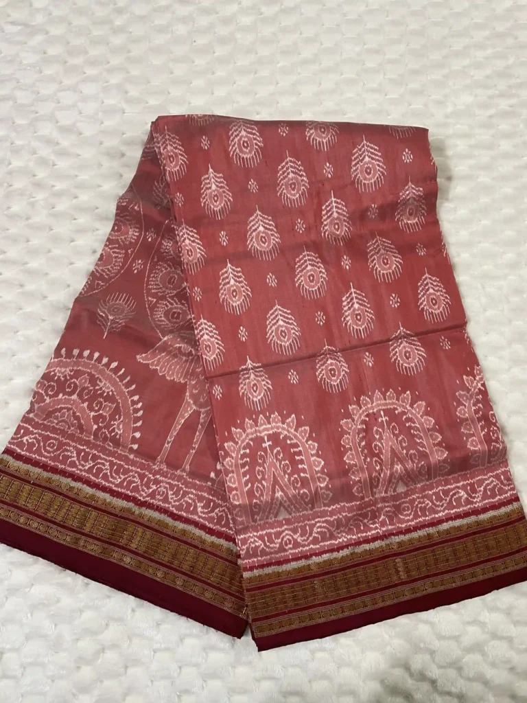 Terracotta Red Sambalpuri Silk Saree with Peacock Feather Motifs - Half Tissue