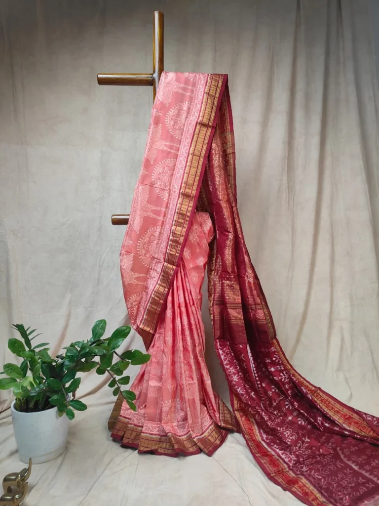 Terracotta Red Sambalpuri Silk Saree with Peacock Feather Motifs - Half Tissue