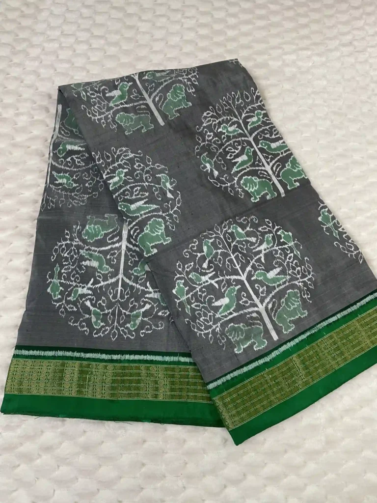 Charcoal Grey Sambalpuri Silk Saree with Tree of Life Motifs - Half Tissue
