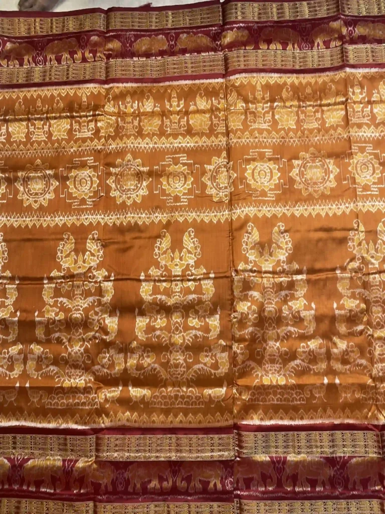 Deep Gold Sambalpuri Half Tissue Silk Saree with Peacock Pair Motifs