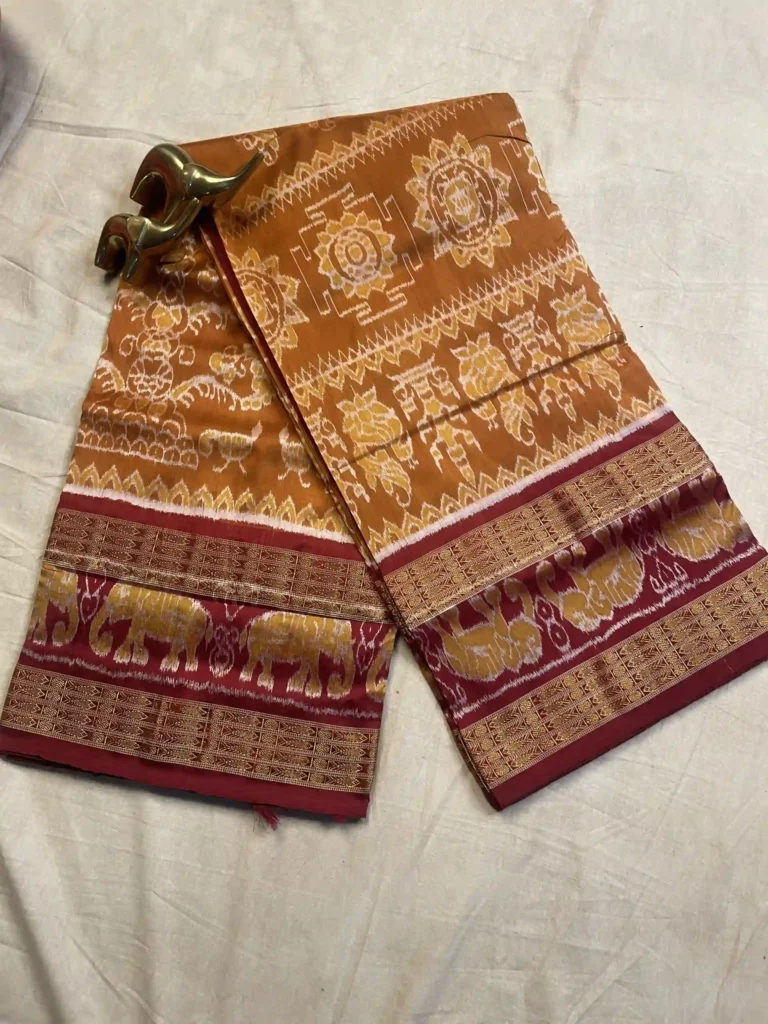 Deep Gold Sambalpuri Half Tissue Silk Saree with Peacock Pair Motifs