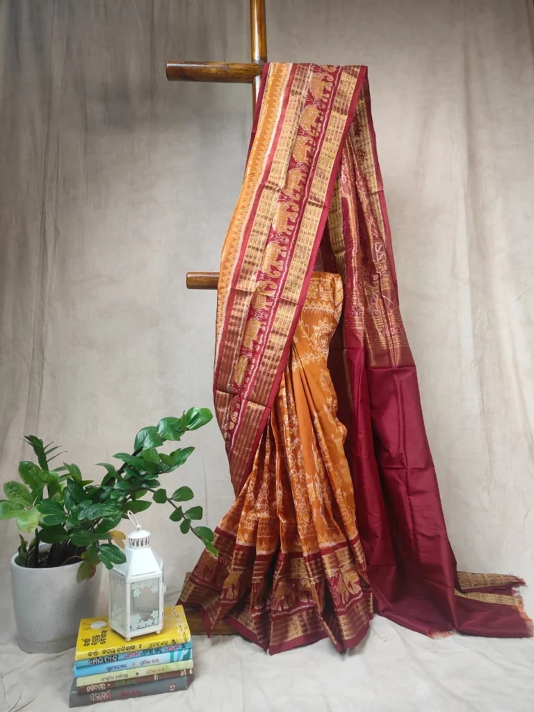 Deep Gold Sambalpuri Half Tissue Silk Saree with Peacock Pair Motifs